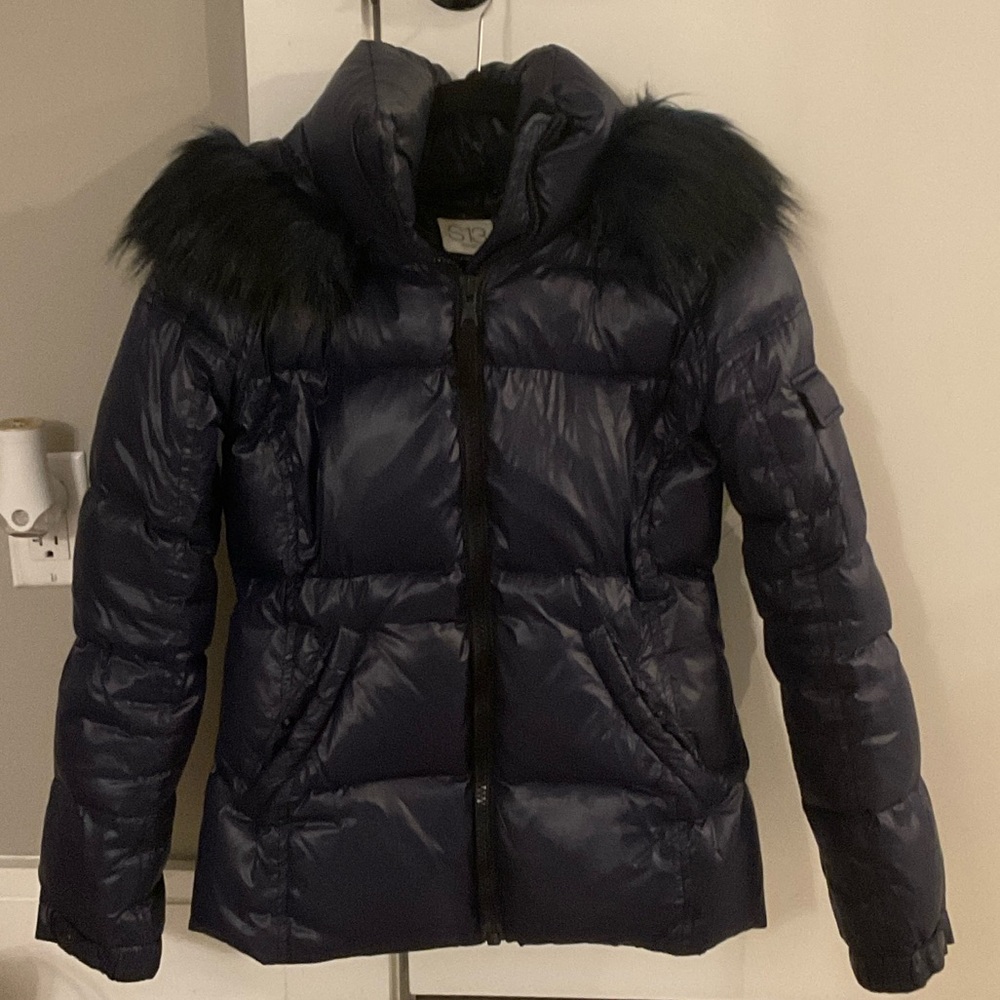 Women's S13 Blue Puffer Jacket with Faux Fur Trim
